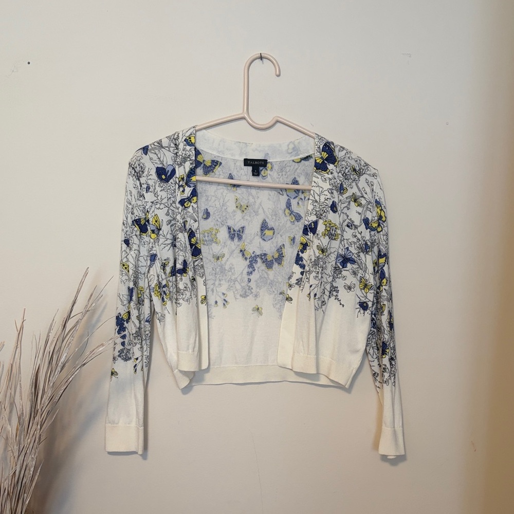 Talbots White and Blue Floral Crop Bolero